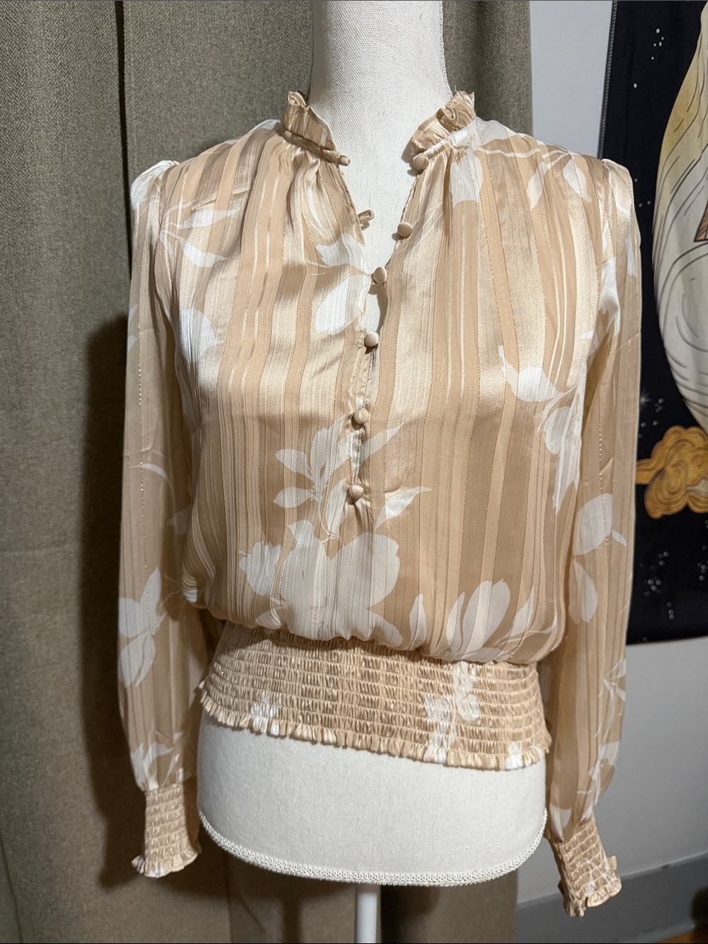 Beige Floral Ruffle-Neck Smocked-Hem Blouse